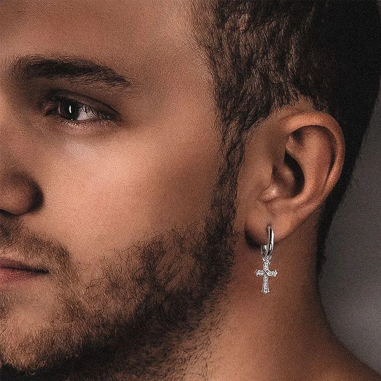 The Wisdom® -925 Sterling Silver Diamond Iced Out Hoop Dangle Iris Cross Mens Earrings