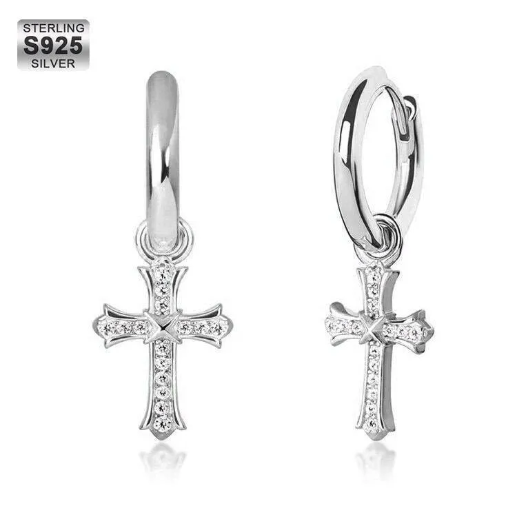 The Wisdom® -925 Sterling Silver Diamond Iced Out Hoop Dangle Iris Cross Mens Earrings