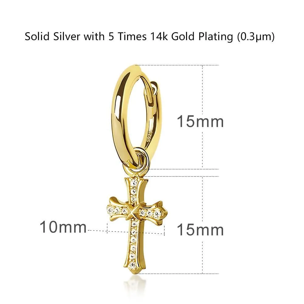 The Wisdom® -925 Sterling Silver Diamond Iced Out Hoop Dangle Iris Cross Mens Earrings