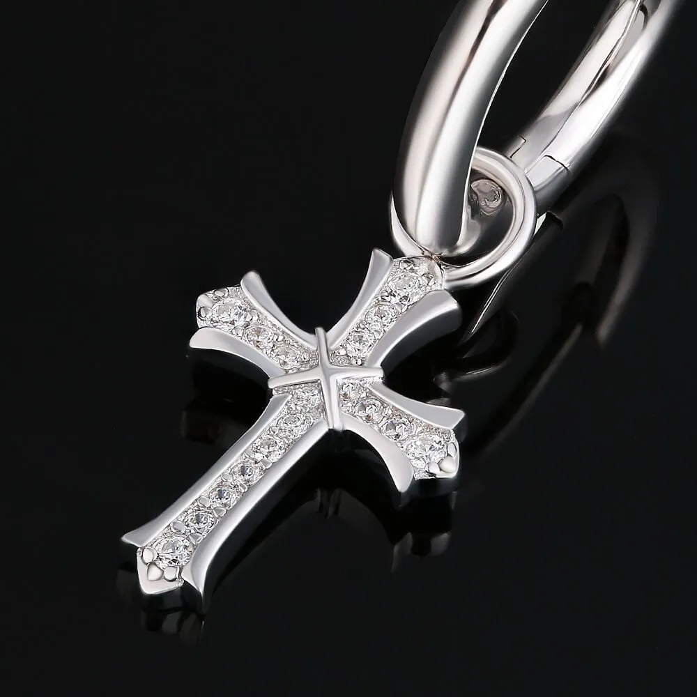 The Wisdom® -925 Sterling Silver Diamond Iced Out Hoop Dangle Iris Cross Mens Earrings