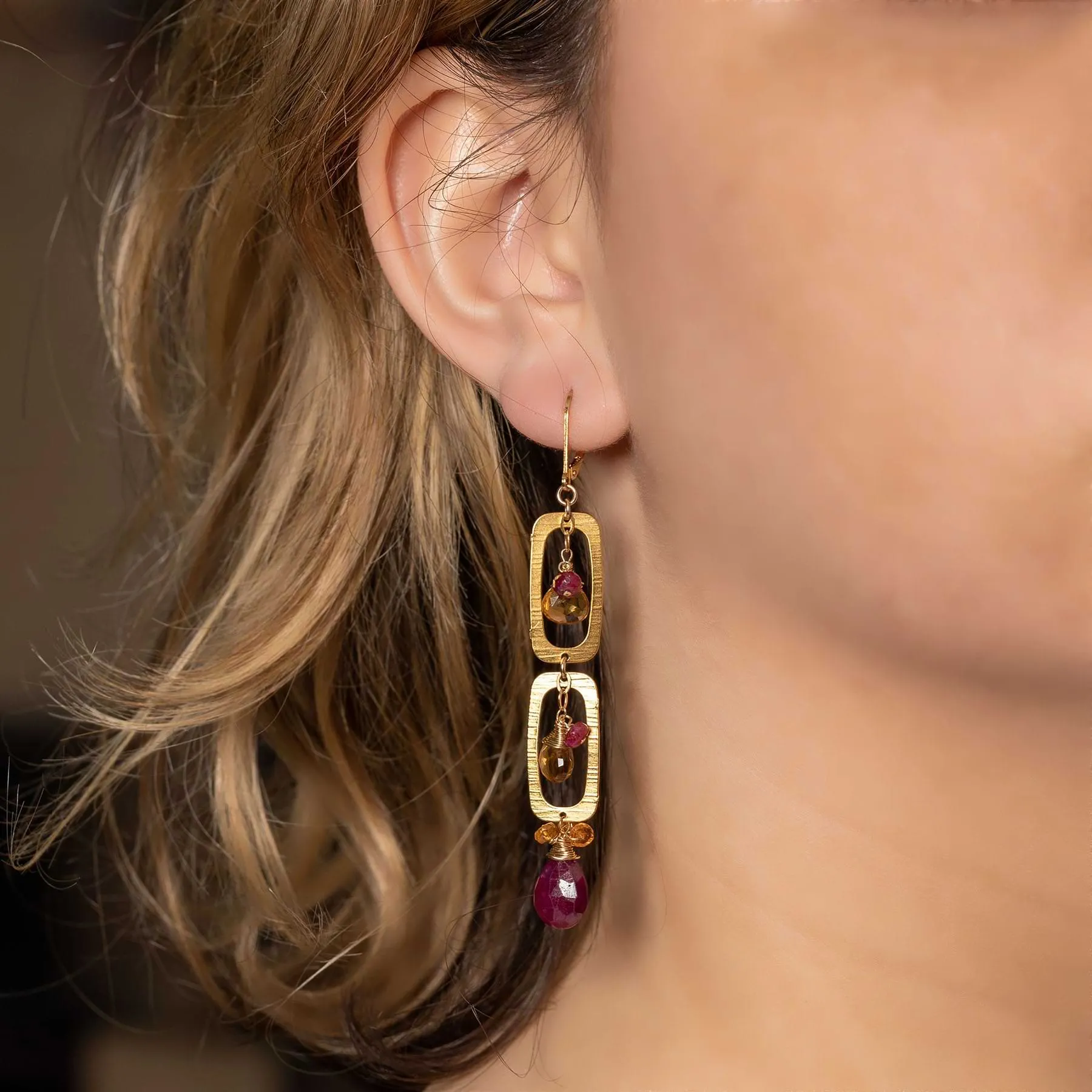 Vermont - Ruby Citrine and Sapphire Gold Drop Earrings