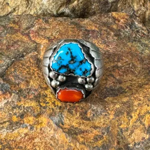 Vintage Turquoise and Red Coral Silver Ring - Estate Jewelry Size 10