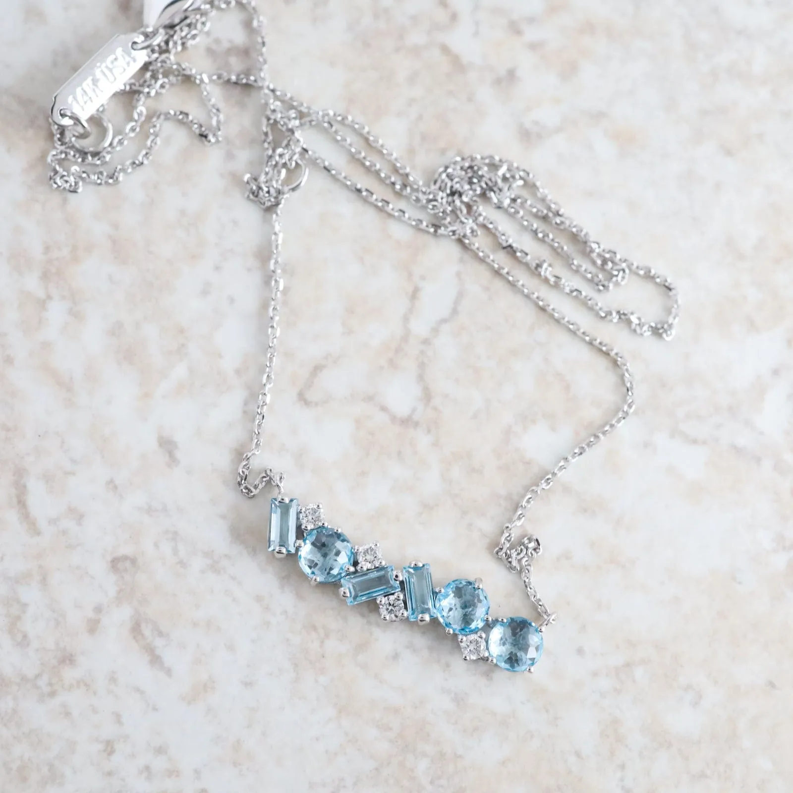 White Gold Swiss Blue Topaz Bar Necklace