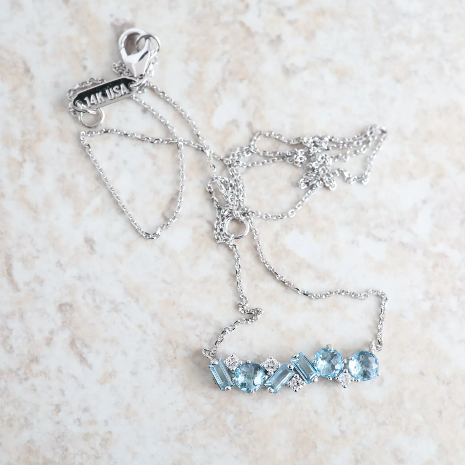 White Gold Swiss Blue Topaz Bar Necklace