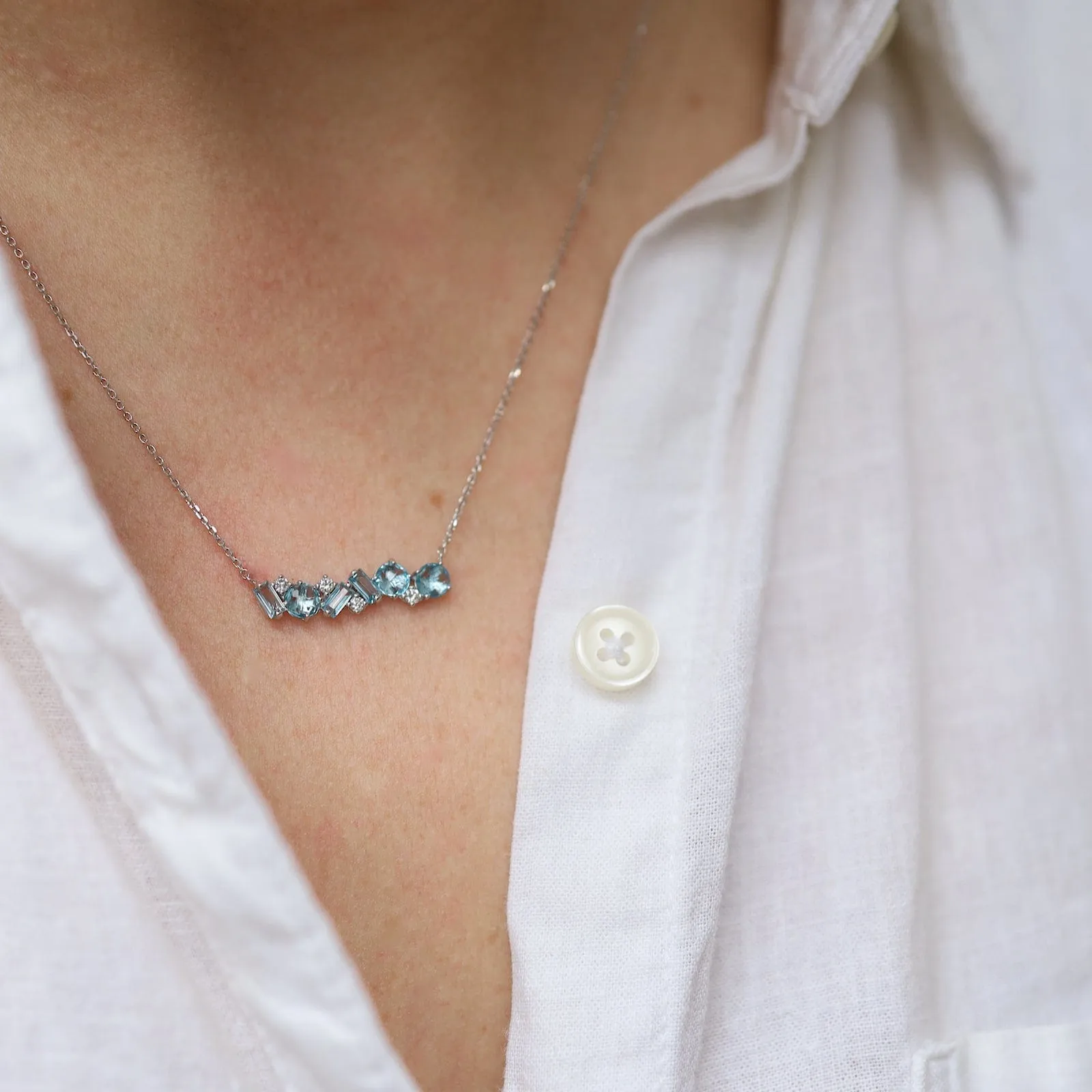 White Gold Swiss Blue Topaz Bar Necklace