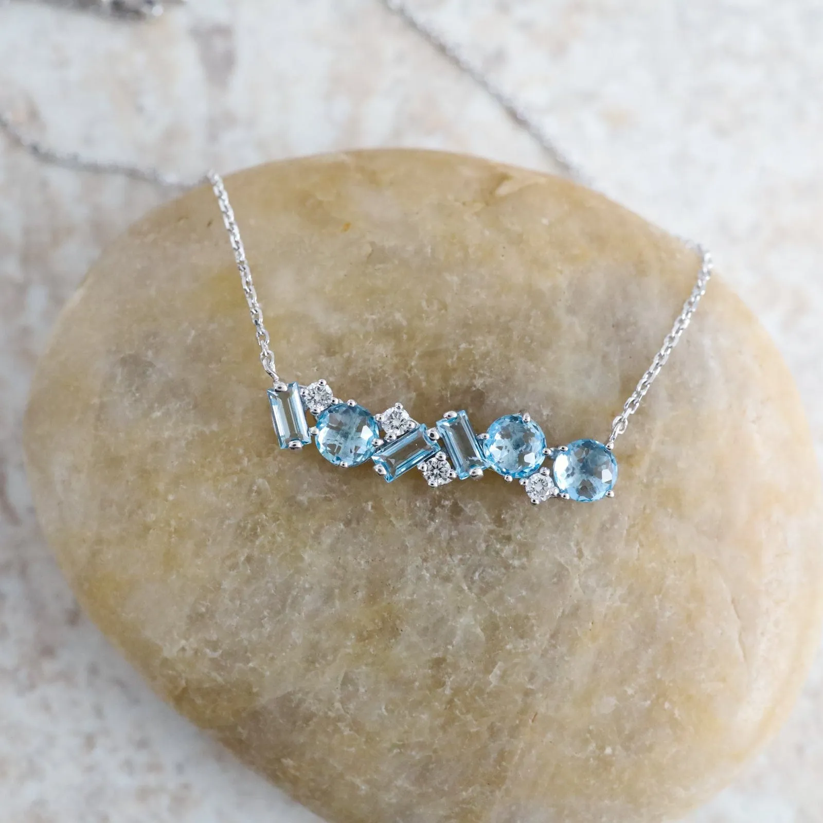 White Gold Swiss Blue Topaz Bar Necklace