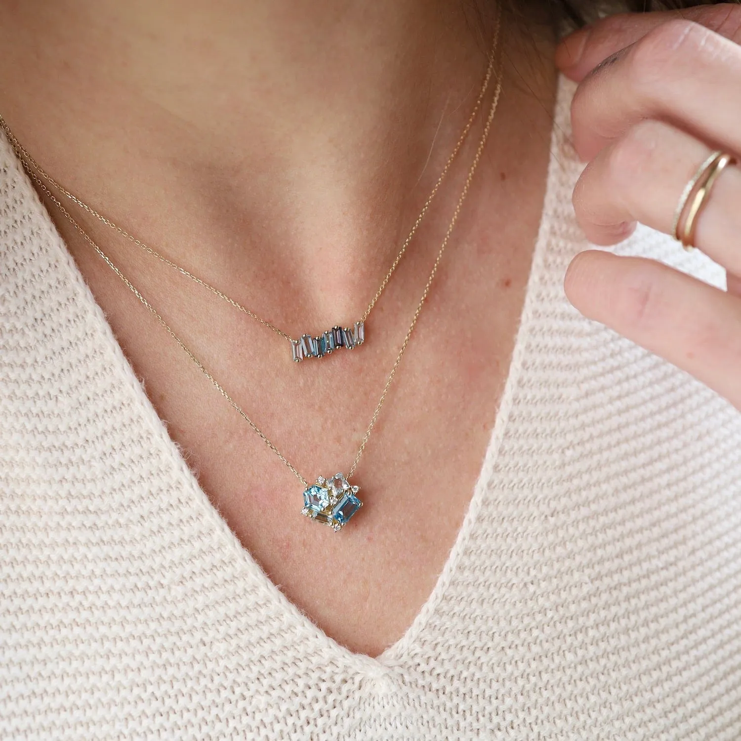 Yellow Gold Blue Cluster Necklace